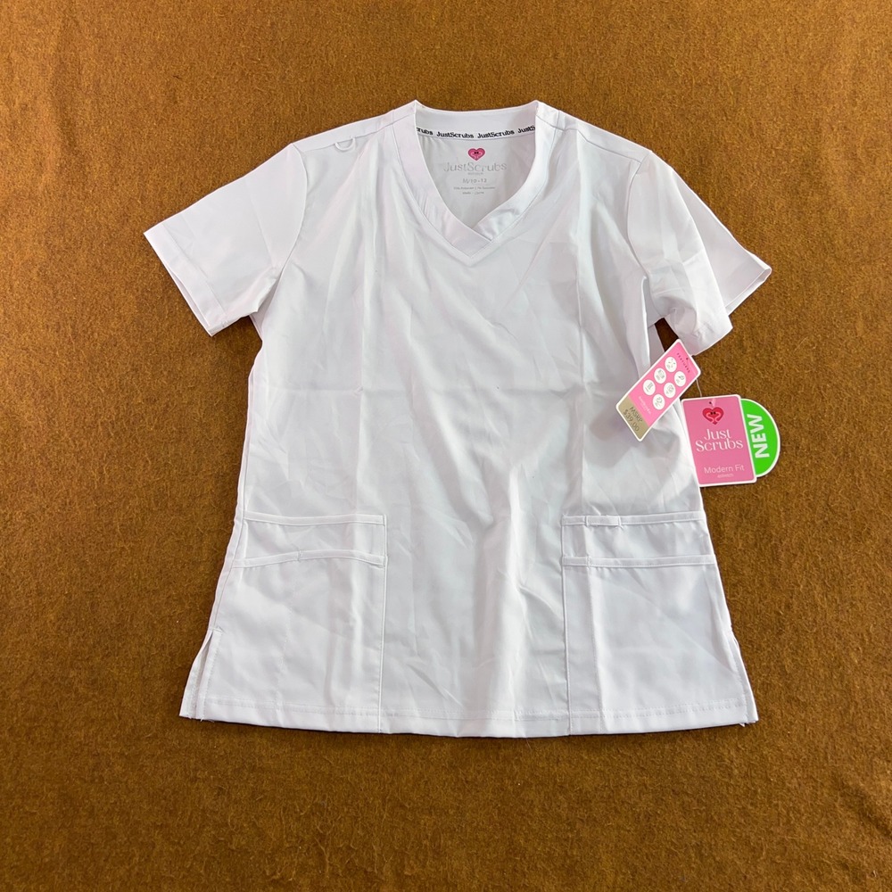 Just Scrubs Womens Medium White 4Stretch Modern Fit V-Neck Scrub Top NWT *Flaw
